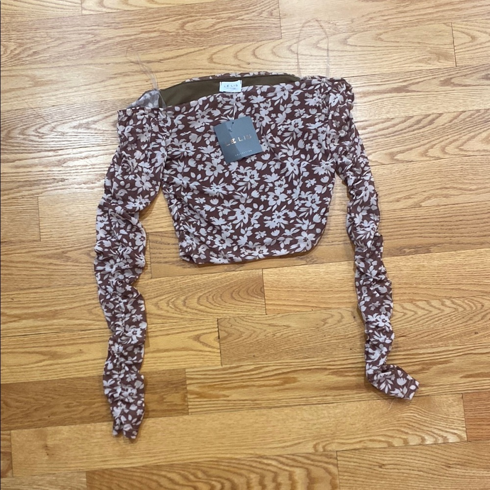 Le Lis Ruched Long Sleeve Crop Blouse Brown And White